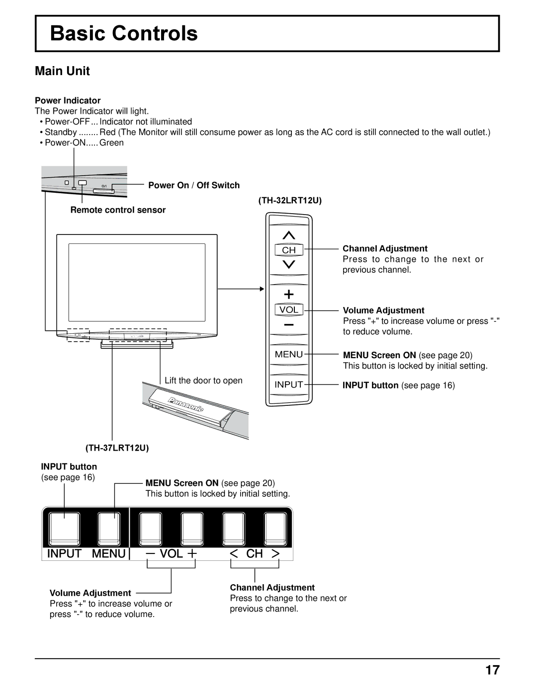 Panasonic TH-37LRT12U, TH-32LRT12U manual Basic Controls 