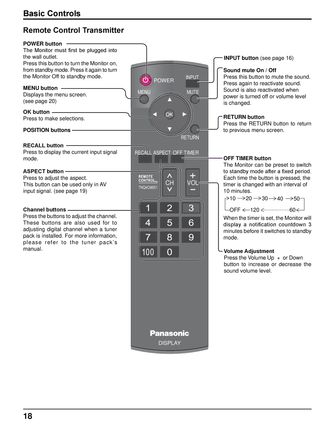 Panasonic TH-32LRT12U, TH-37LRT12U manual Basic Controls 