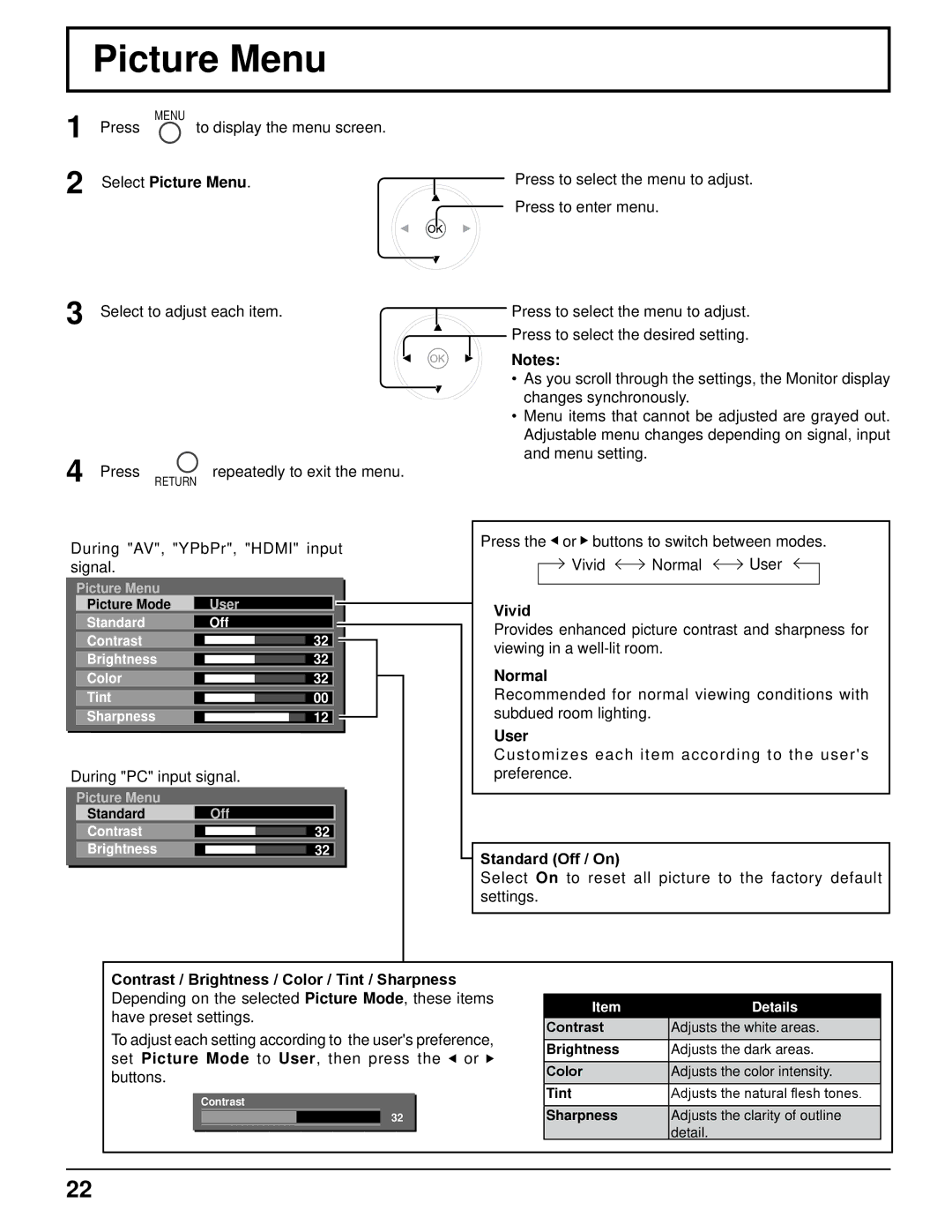 Panasonic TH-32LRT12U, TH-37LRT12U manual Picture Menu 