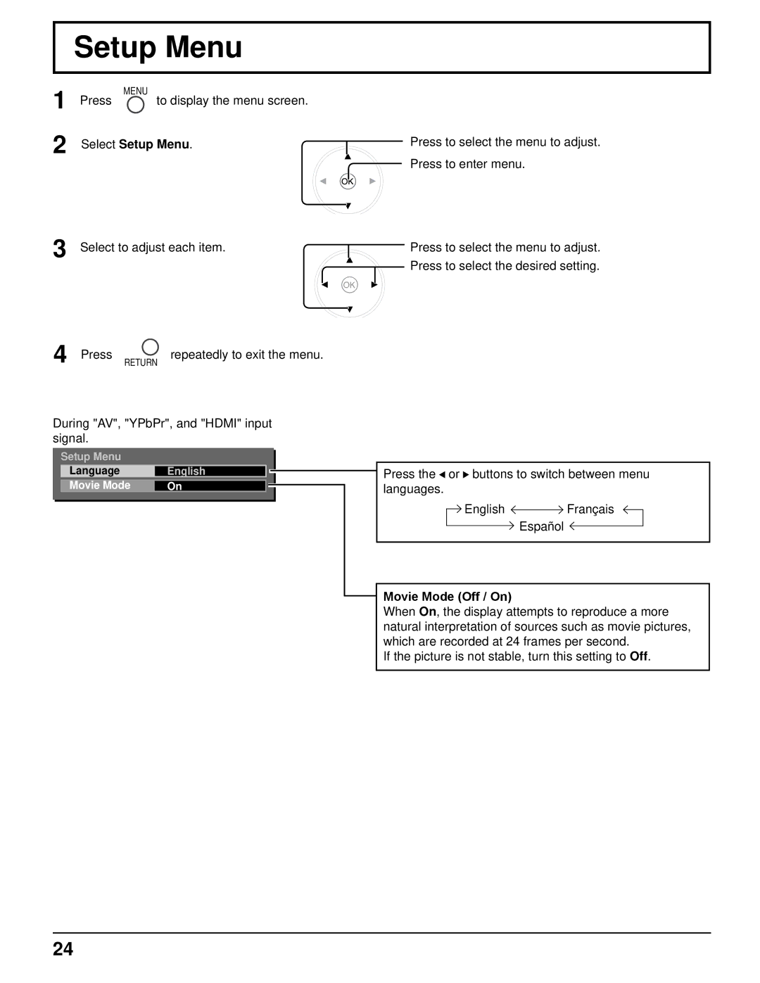 Panasonic TH-32LRT12U, TH-37LRT12U manual Select Setup Menu, Movie Mode Off / On 