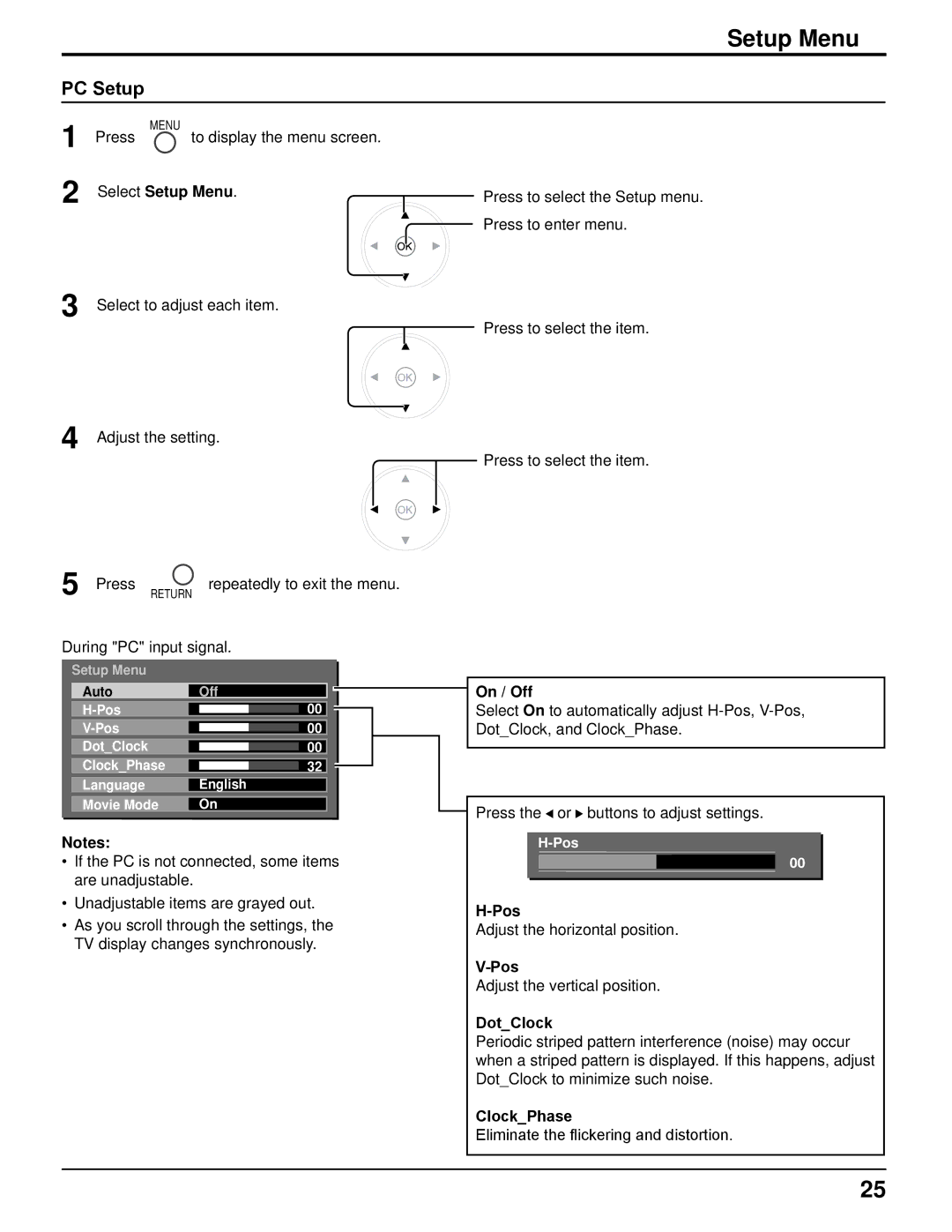 Panasonic TH-37LRT12U, TH-32LRT12U manual Setup Menu, PC Setup 