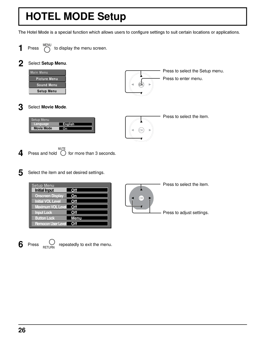 Panasonic TH-32LRT12U, TH-37LRT12U manual Hotel Mode Setup, Select Movie Mode 