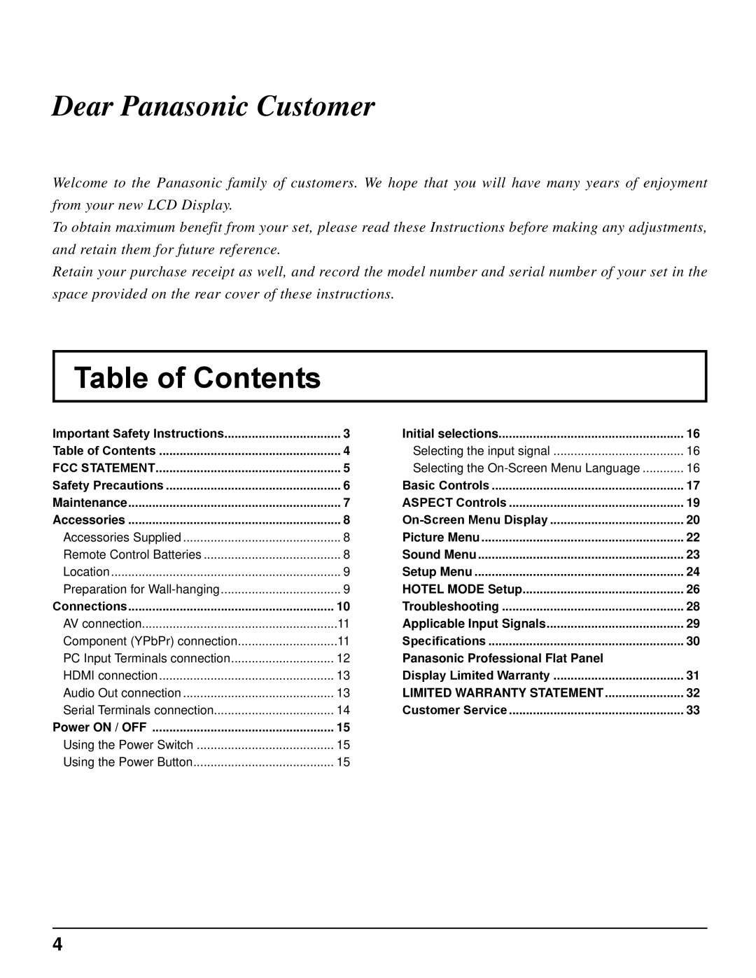 Panasonic TH-32LRT12U, TH-37LRT12U manual Table of Contents 