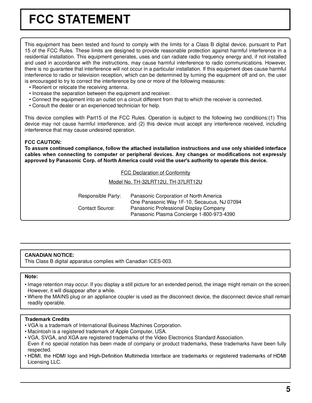 Panasonic TH-37LRT12U, TH-32LRT12U manual FCC Statement, Trademark Credits 