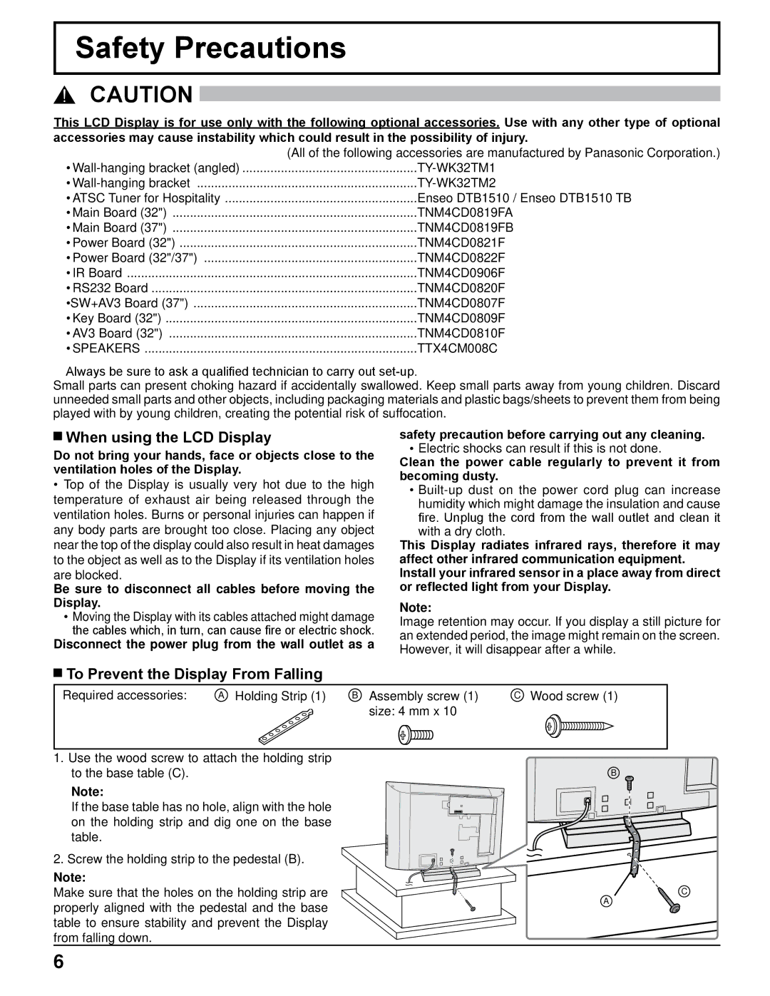 Panasonic TH-32LRT12U, TH-37LRT12U Safety Precautions, When using the LCD Display, To Prevent the Display From Falling 