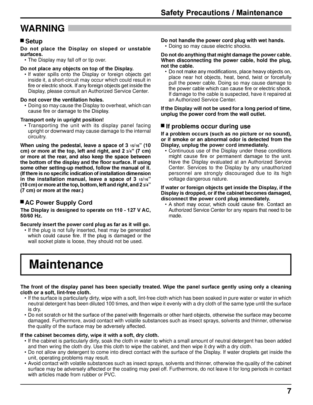 Panasonic TH-37LRT12U Safety Precautions / Maintenance, Setup, AC Power Supply Cord, If problems occur during use 