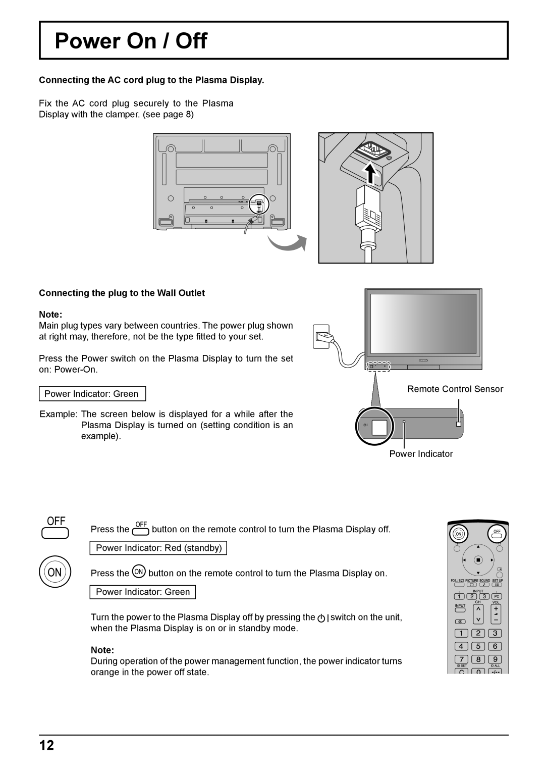 Panasonic TH-37PG9W, TH-42PG9W manual Power On / Off, Connecting the AC cord plug to the Plasma Display 