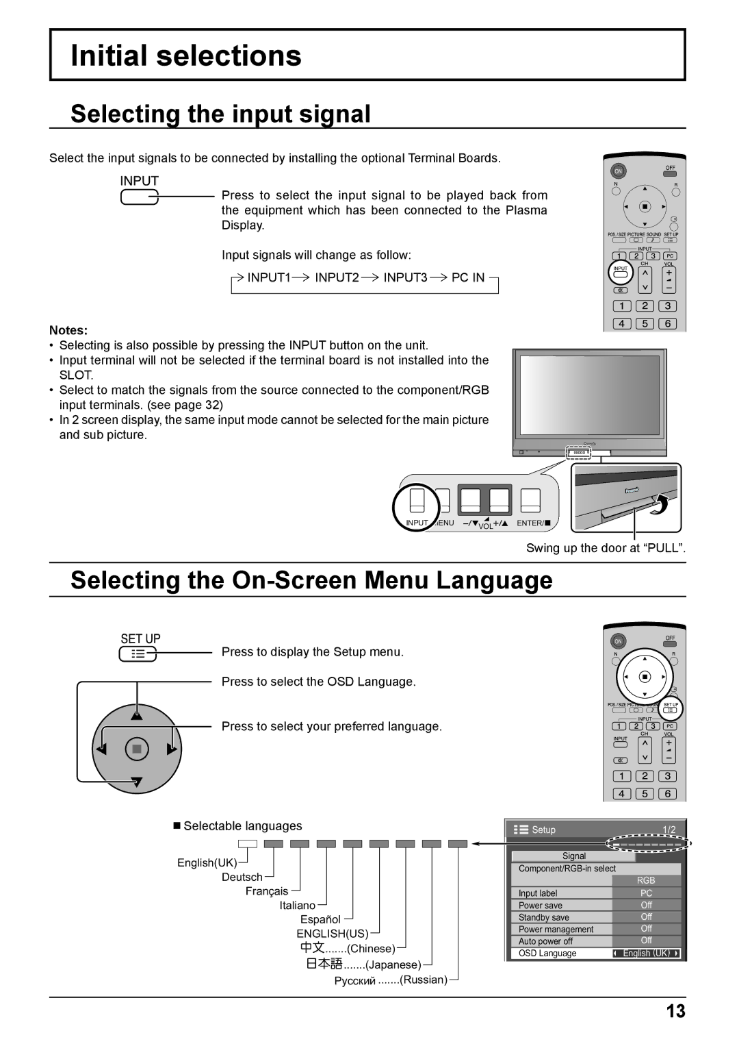 Panasonic TH-42PG9W, TH-37PG9W manual Initial selections, Selecting the input signal, Selecting the On-Screen Menu Language 