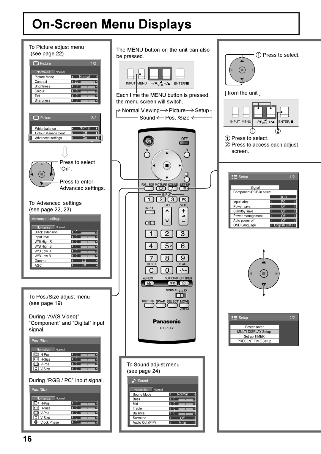 Panasonic TH-37PG9W, TH-42PG9W manual On-Screen Menu Displays 