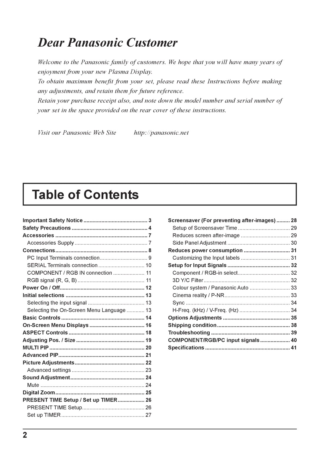 Panasonic TH-37PG9W, TH-42PG9W manual Table of Contents 