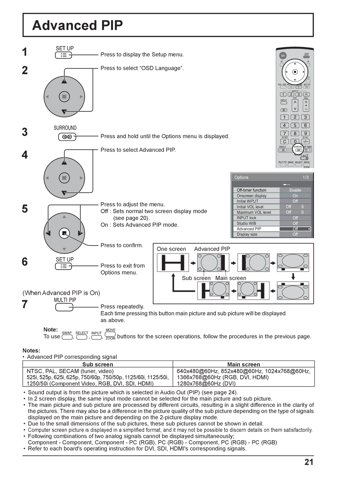 Panasonic TH-42PG9W, TH-37PG9W manual Advanced PIP, Sub screen Main screen 