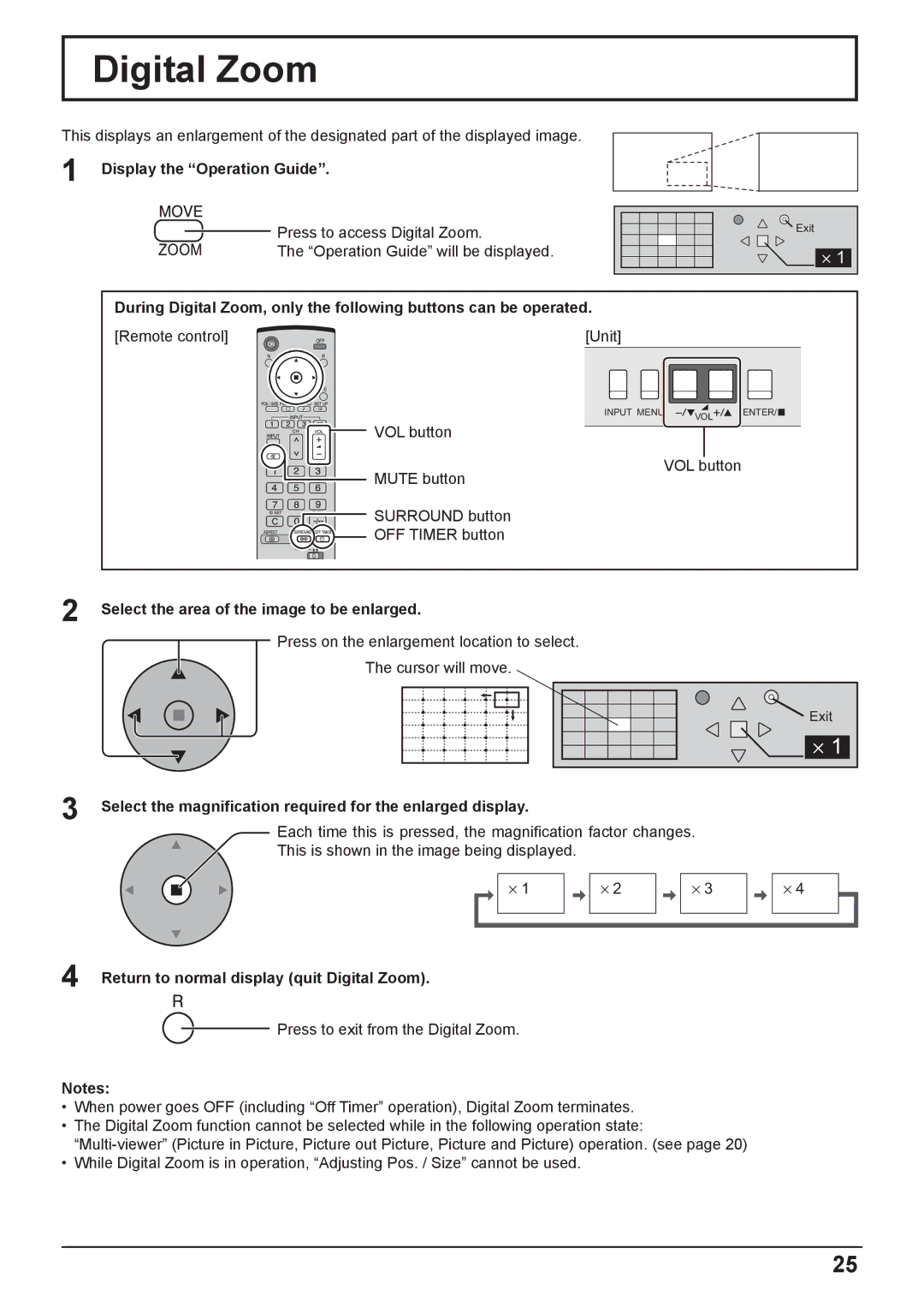 Panasonic TH-42PG9W, TH-37PG9W manual Digital Zoom, Display the Operation Guide, Select the area of the image to be enlarged 