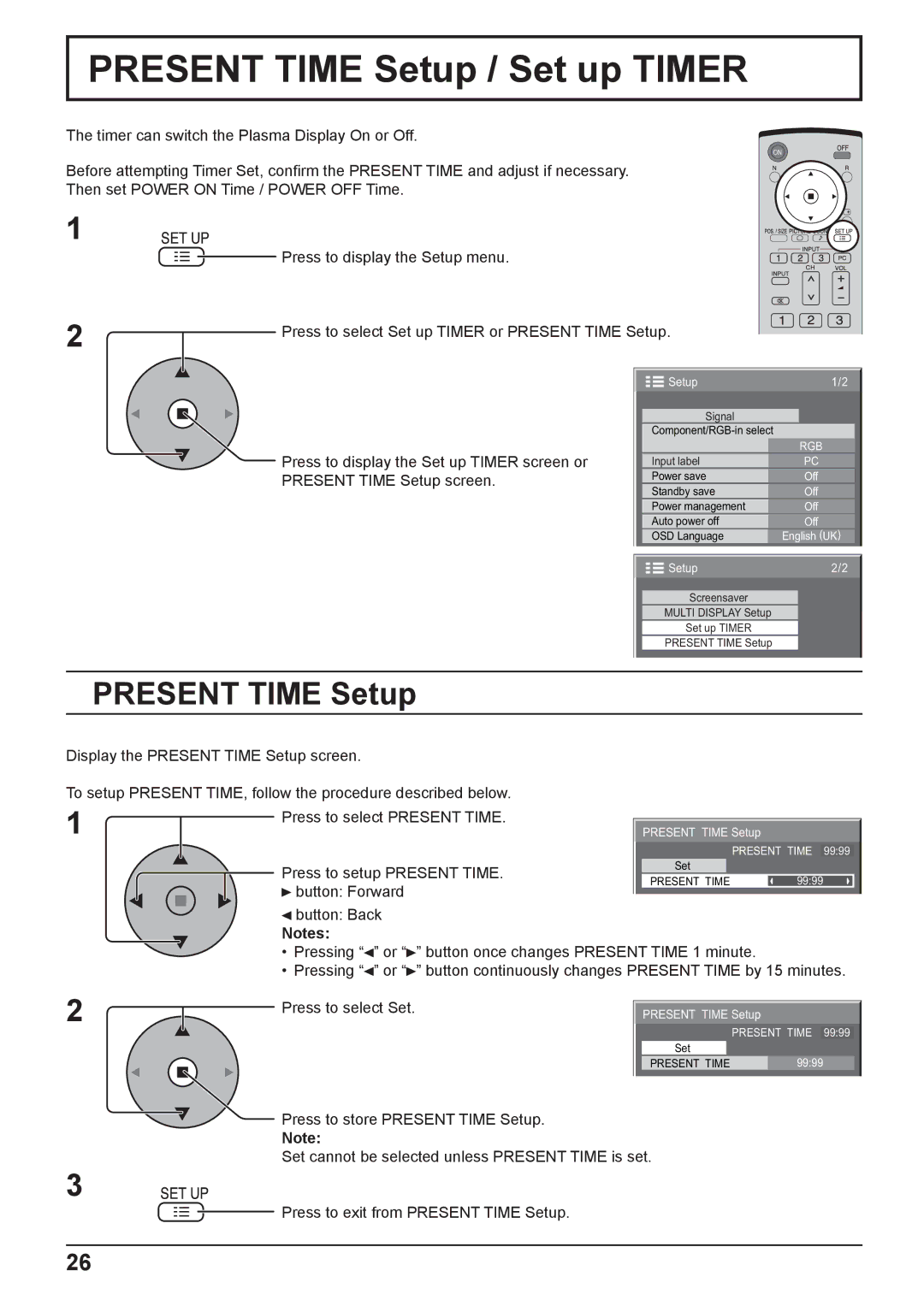 Panasonic TH-37PG9W, TH-42PG9W manual Present Time Setup / Set up Timer 