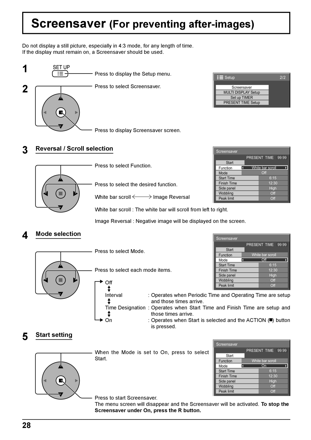 Panasonic TH-37PG9W Screensaver For preventing after-images, Reversal / Scroll selection, Mode selection, Start setting 