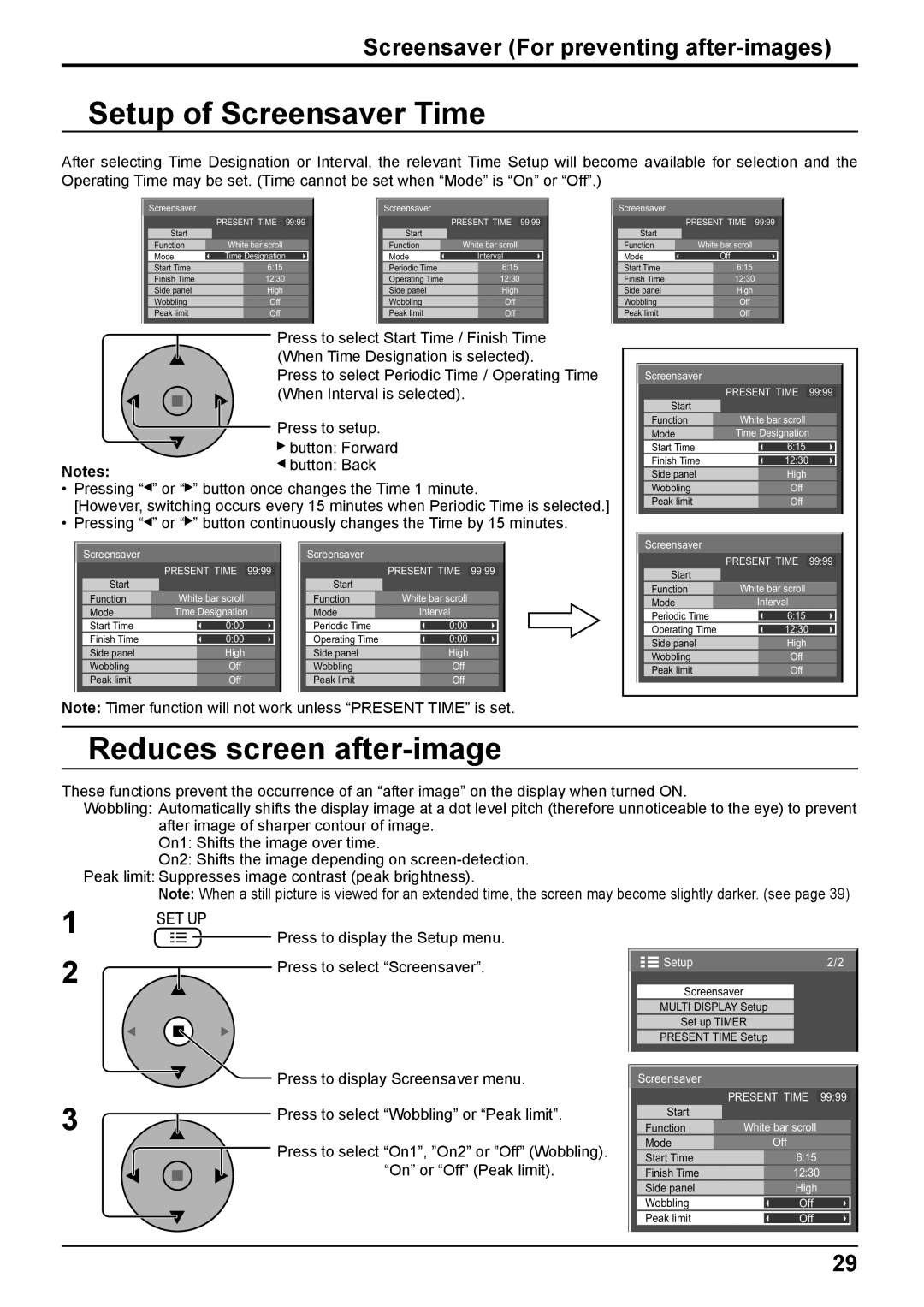 Panasonic TH-42PG9W, TH-37PG9W manual Setup of Screensaver Time, Reduces screen after-image 