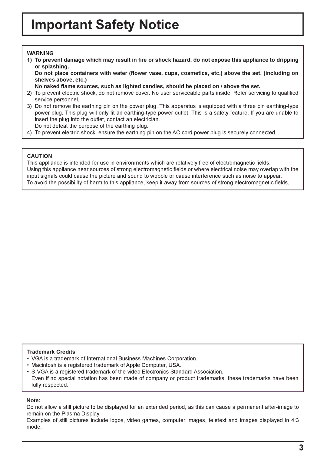 Panasonic TH-42PG9W, TH-37PG9W manual Important Safety Notice, Trademark Credits 