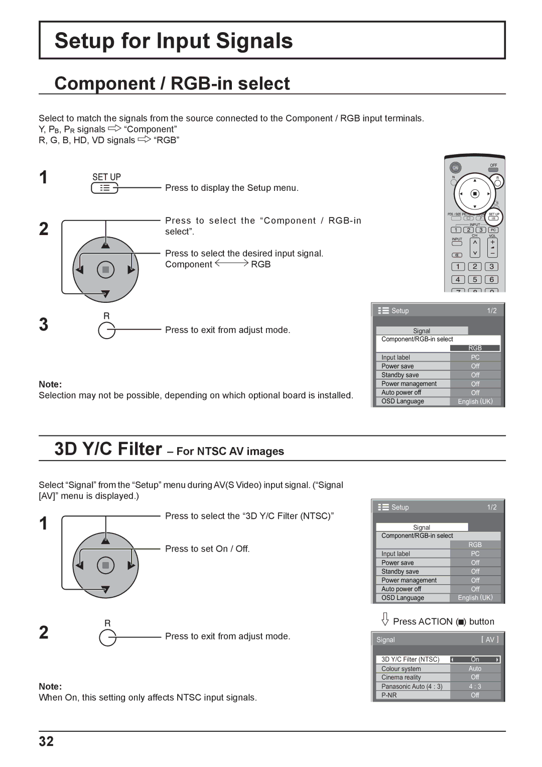 Panasonic TH-37PG9W, TH-42PG9W manual Setup for Input Signals, Component / RGB-in select, 3D Y/C Filter For Ntsc AV images 