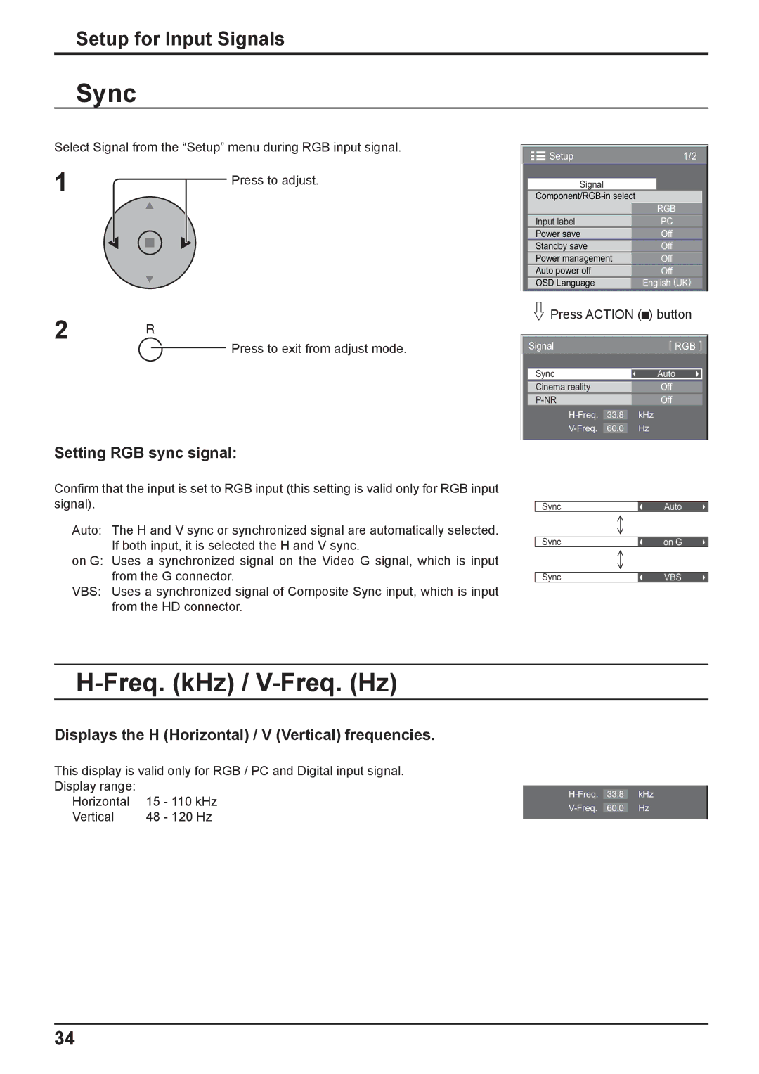 Panasonic TH-37PG9W, TH-42PG9W manual Sync, Freq. kHz / V-Freq. Hz, Setting RGB sync signal 