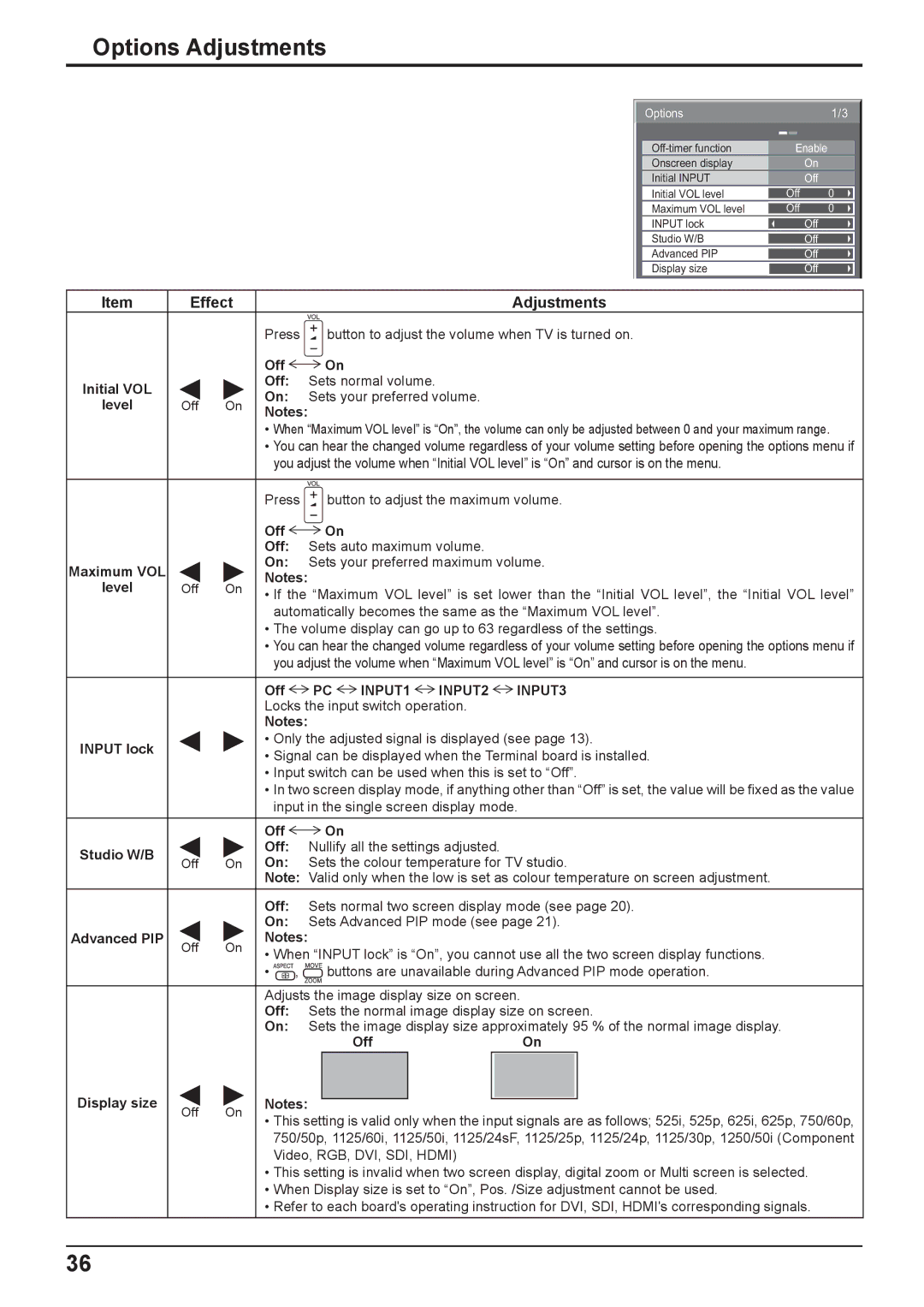 Panasonic TH-37PG9W, TH-42PG9W manual Options Adjustments 