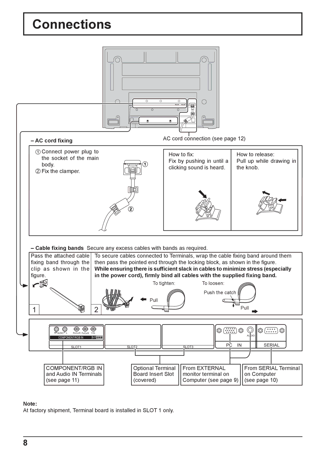 Panasonic TH-37PG9W, TH-42PG9W manual Connections, AC cord fixing, AC cord connection see 