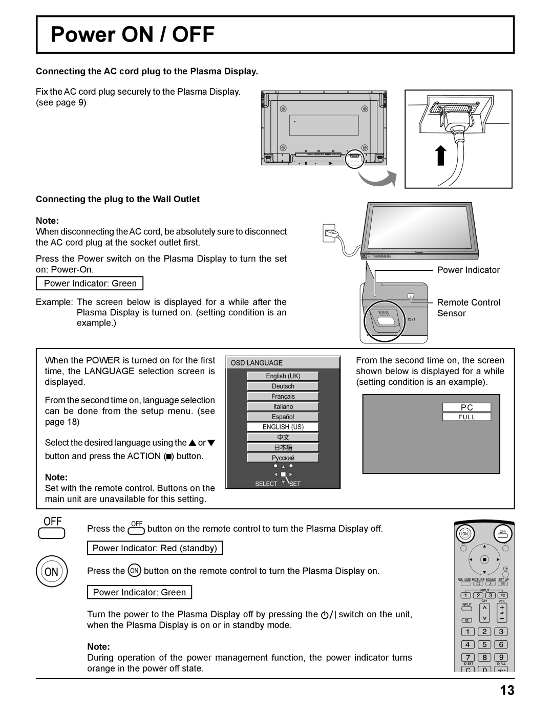 Panasonic TH-37PH10UK manual Power on / OFF, Connecting the AC cord plug to the Plasma Display 