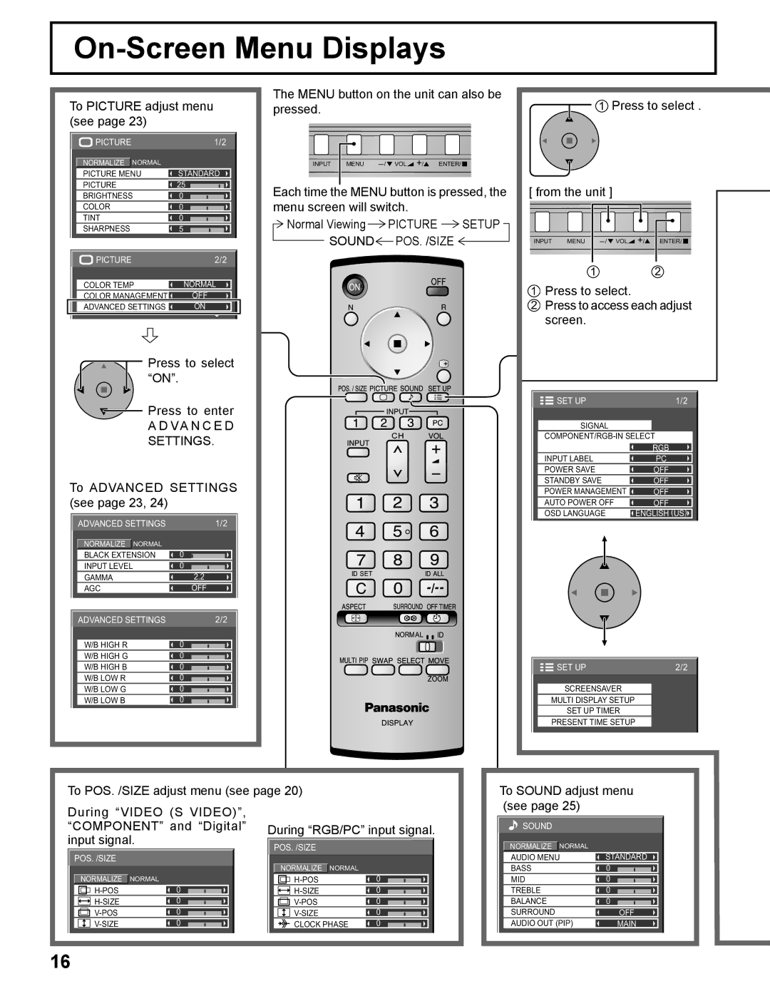 Panasonic TH-37PH10UK manual On-Screen Menu Displays, VA N C E D Settings 