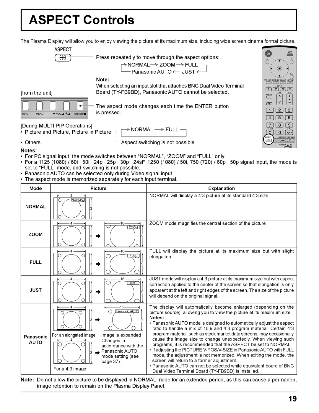 Panasonic TH-37PH10UK manual Aspect Controls, Normal Zoom Full, Panasonic Auto, During Multi PIP Operations, Normal Full 