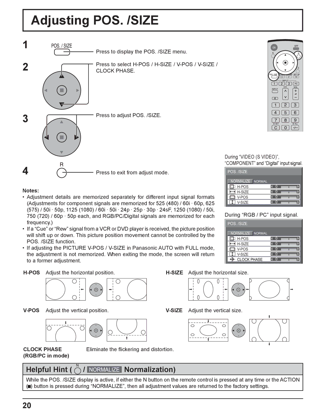 Panasonic TH-37PH10UK manual Adjusting POS. /SIZE, Clock Phase, Eliminate the ﬂickering and distortion, RGB/PC in mode 