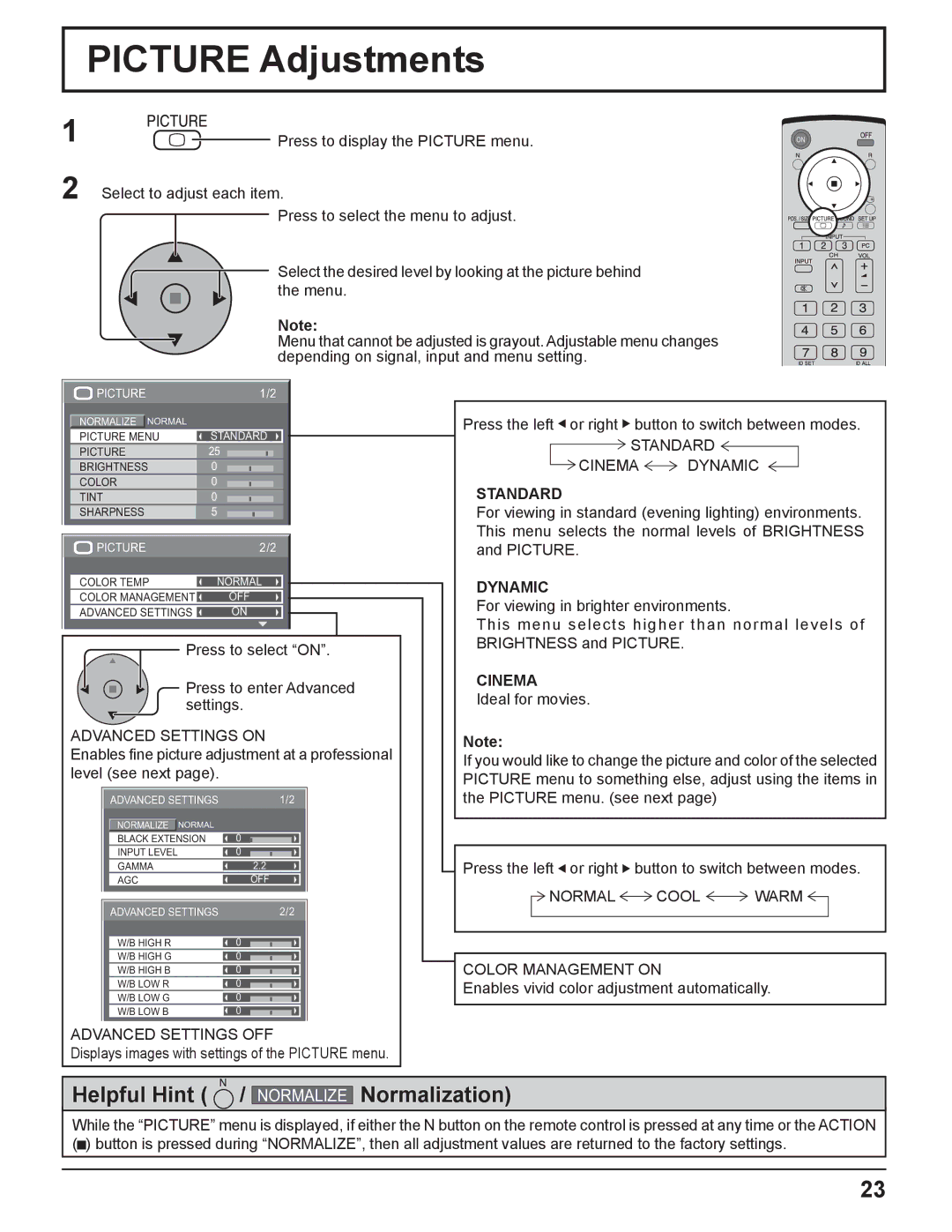 Panasonic TH-37PH10UK manual Picture Adjustments, Advanced Settings on, Advanced Settings OFF, Standard Cinema Dynamic 