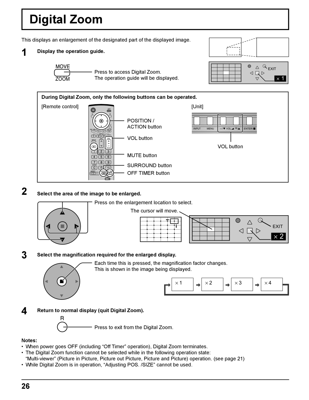 Panasonic TH-37PH10UK manual Display the operation guide, Position, Return to normal display quit Digital Zoom 