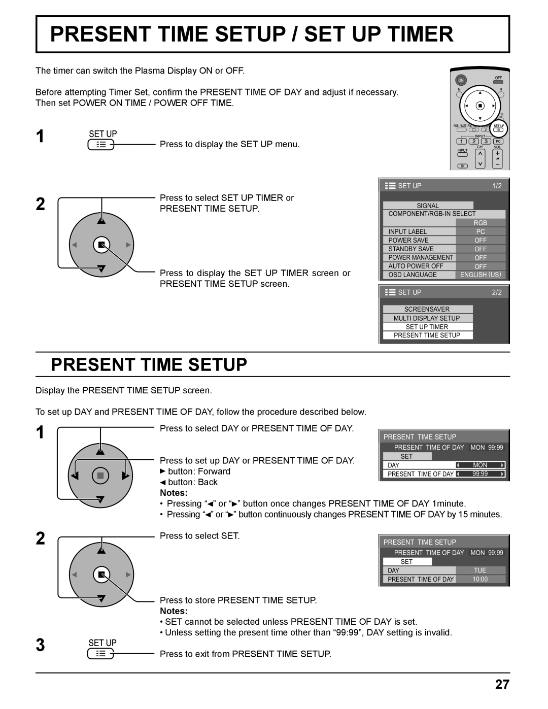 Panasonic TH-37PH10UK manual Present Time Setup, Press to set up DAY or Present Time of DAY, Button Forward 