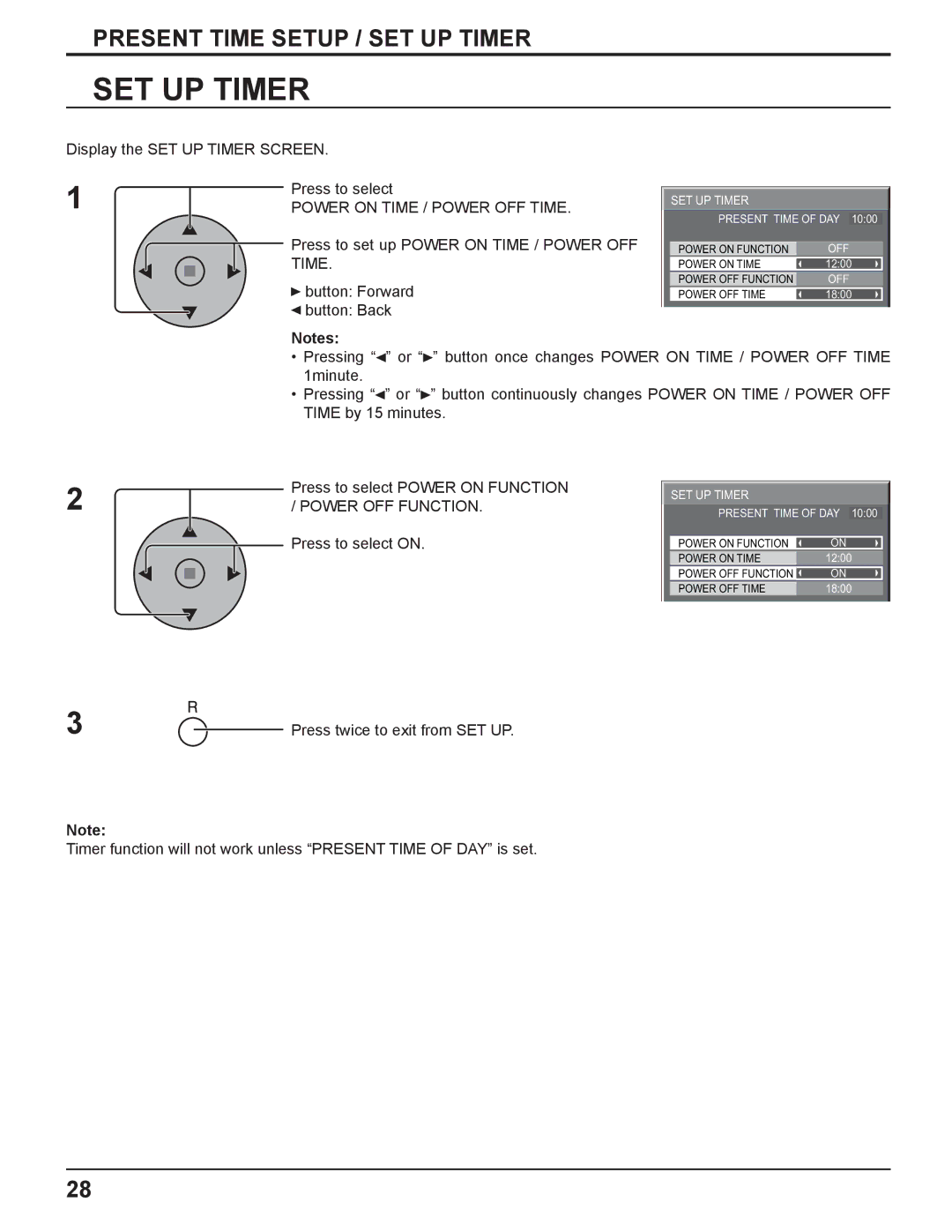 Panasonic TH-37PH10UK manual Display the SET UP Timer Screen Press to select, Power on Time / Power OFF Time 