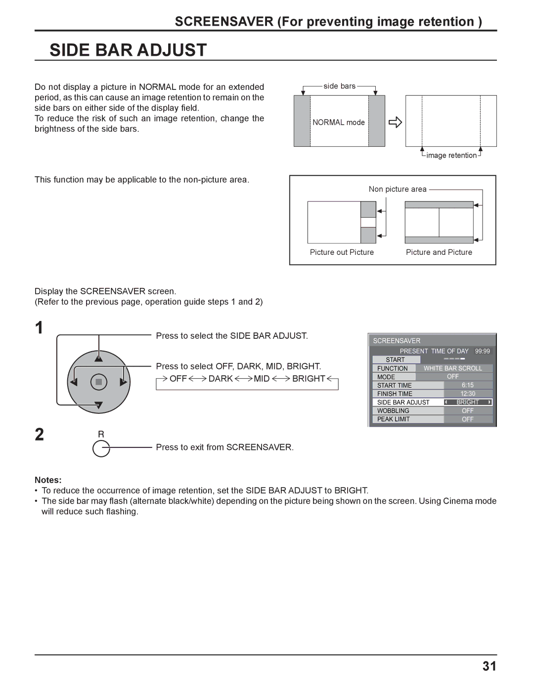 Panasonic TH-37PH10UK manual Side BAR Adjust, OFF Dark MID Bright, Press to exit from Screensaver 