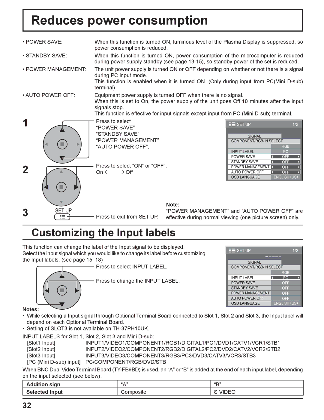 Panasonic TH-37PH10UK manual Reduces power consumption, Customizing the Input labels, Addition sign Selected Input 