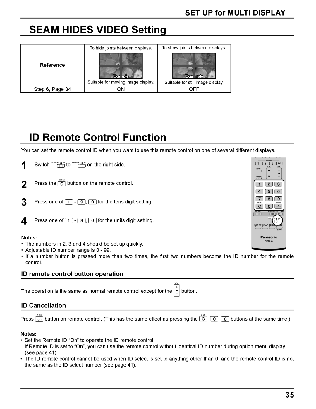 Panasonic TH-37PH10UK Seam Hides Video Setting, ID Remote Control Function, ID remote control button operation, Reference 