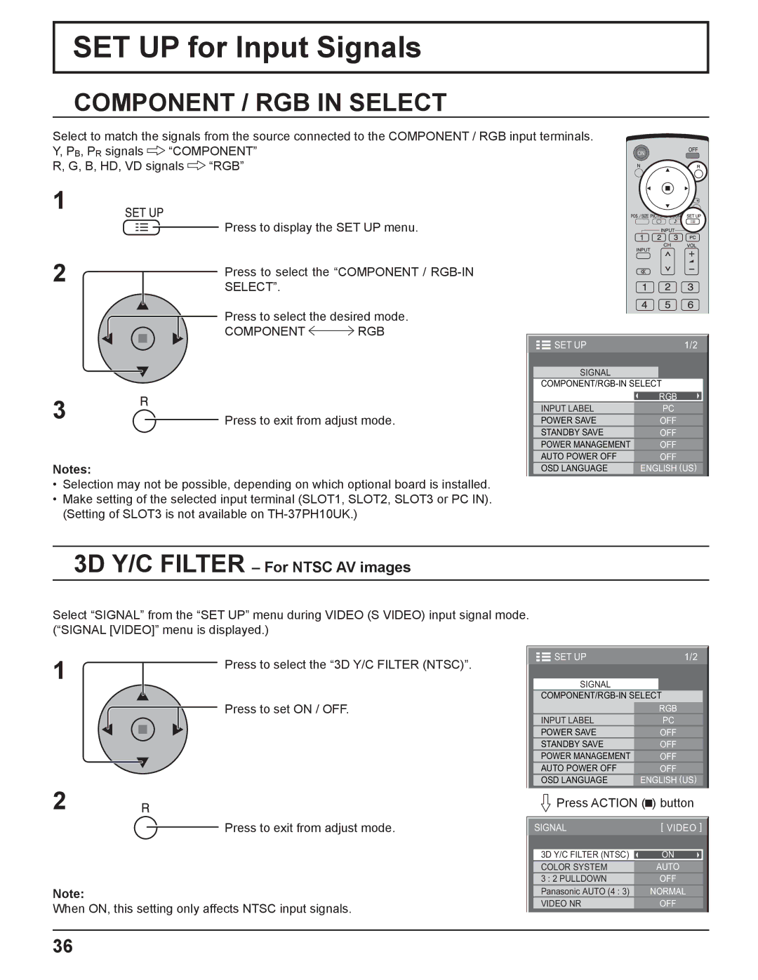 Panasonic TH-37PH10UK SET UP for Input Signals, Component / RGB in Select, 3D Y/C Filter For Ntsc AV images, Component RGB 