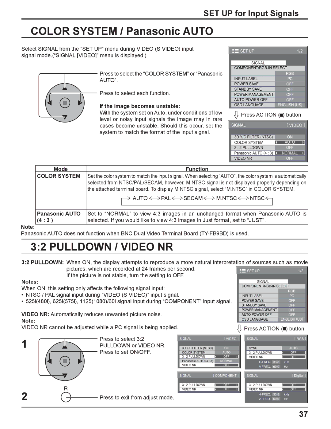 Panasonic TH-37PH10UK manual Color System / Panasonic Auto, Pulldown / Video NR, SET UP for Input Signals 