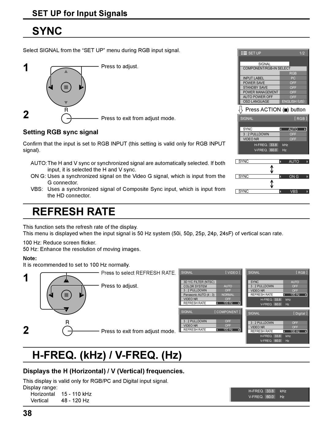 Panasonic TH-37PH10UK manual Sync, Refresh Rate, FREQ. kHz / V-FREQ. Hz, Setting RGB sync signal 