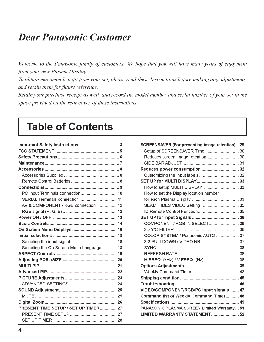 Panasonic TH-37PH10UK manual Table of Contents 