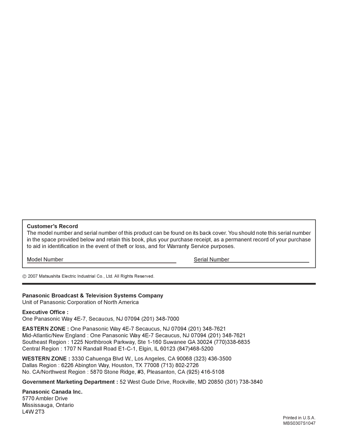 Panasonic TH-37PH10UK manual Customer’s Record, Panasonic Broadcast & Television Systems Company, Executive Ofﬁce 