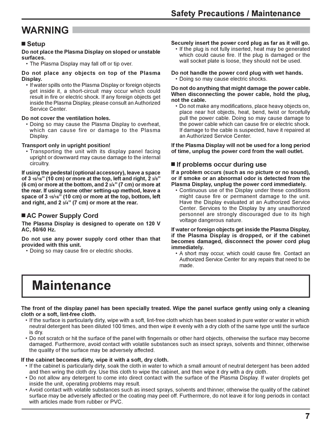 Panasonic TH-37PH10UK Safety Precautions / Maintenance, Setup, AC Power Supply Cord, If problems occur during use 