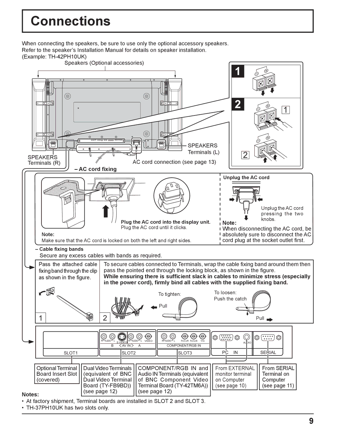 Panasonic TH-37PH10UK manual Connections, Speakers, AC cord ﬁxing 