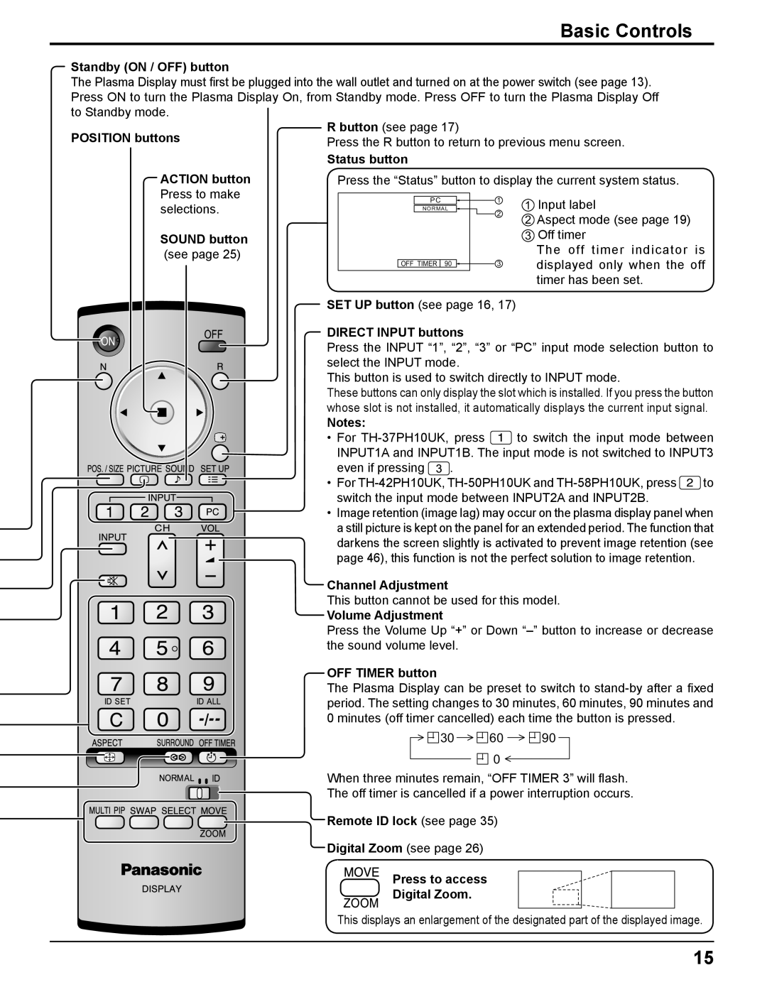 Panasonic TH-37PH10UK manual Basic Controls, Off Timer 