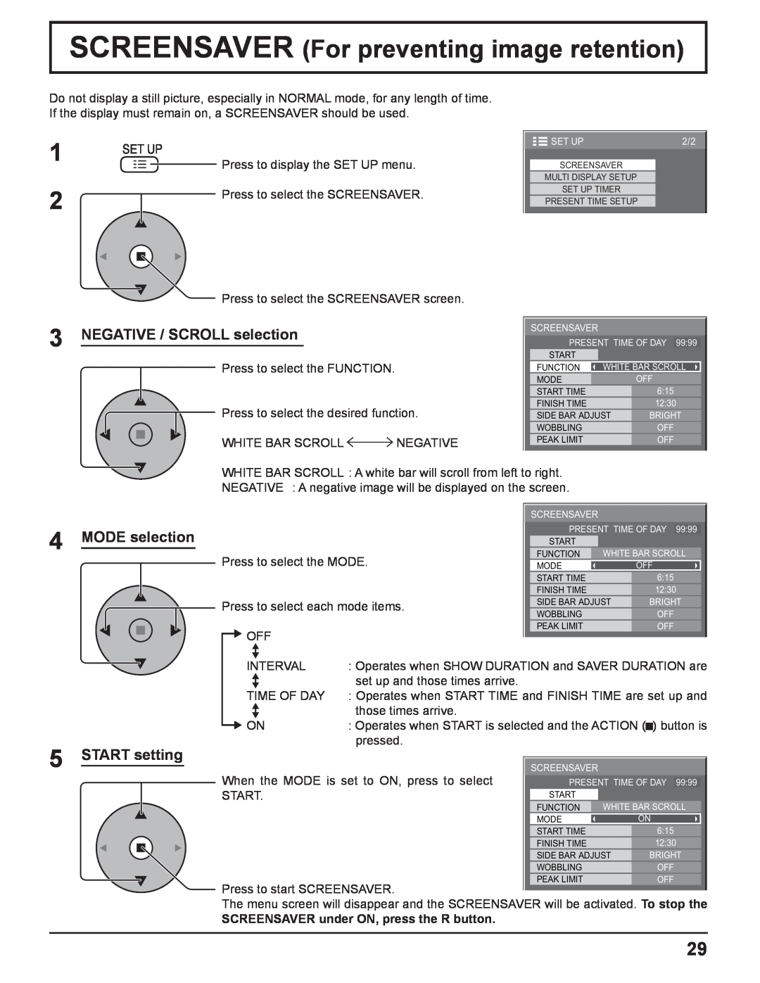 Panasonic TH-37PH10UK manual SCREENSAVER For preventing image retention, NEGATIVE / SCROLL selection, MODE selection 