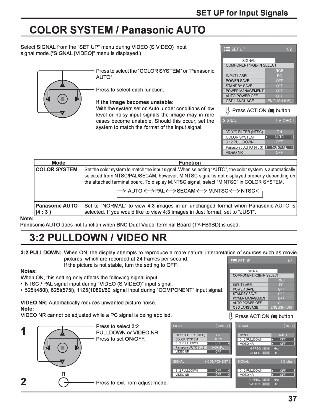 Panasonic TH-37PH10UK manual COLOR SYSTEM / Panasonic AUTO, Pulldown / Video Nr, SET UP for Input Signals 