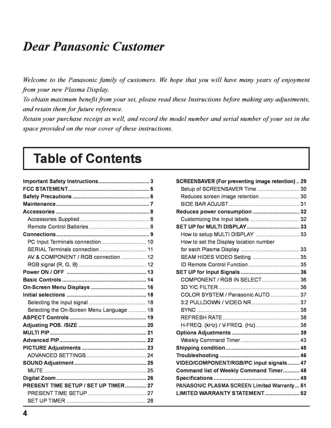 Panasonic TH-37PH10UK manual Table of Contents, Dear Panasonic Customer 