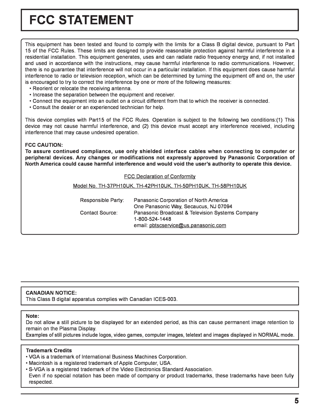 Panasonic TH-37PH10UK manual Fcc Statement, Fcc Caution, Canadian Notice, Trademark Credits 