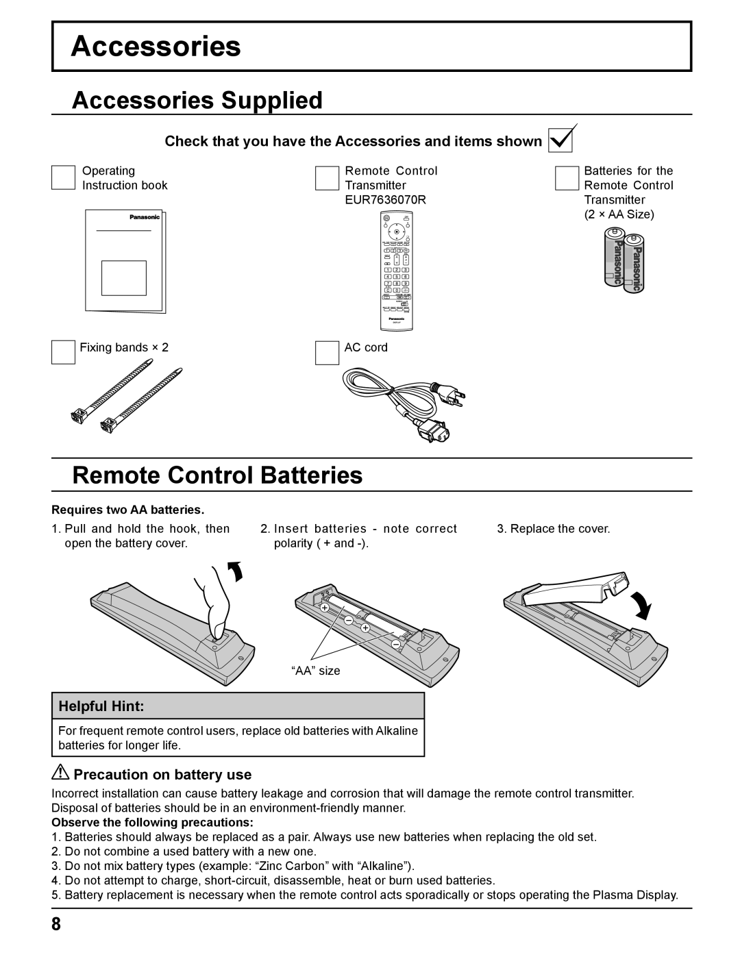 Panasonic TH-37PH10UK manual Accessories Supplied, Remote Control Batteries, Helpful Hint, Precaution on battery use 