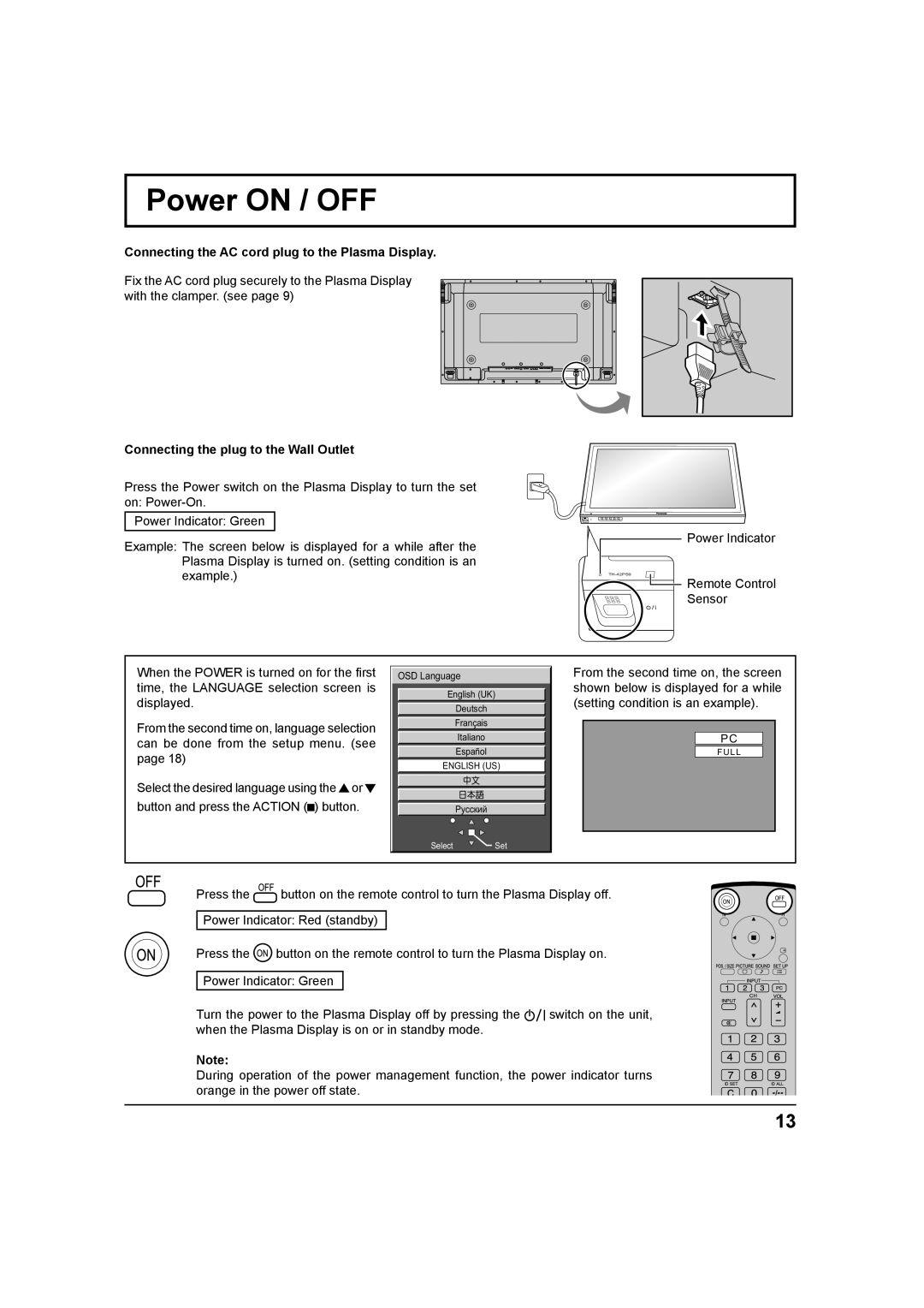 Panasonic TH 42PS9UK, TH-37PH9UK, TH 42PH9UK Power on / OFF, Connecting the AC cord plug to the Plasma Display 