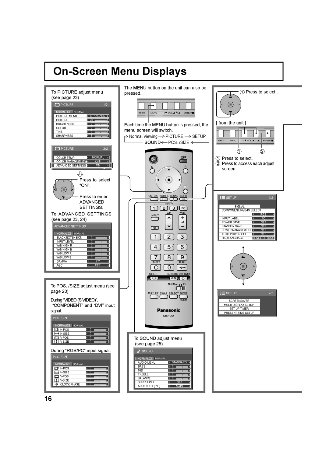 Panasonic TH 42PS9UK, TH-37PH9UK, TH 42PH9UK operating instructions On-Screen Menu Displays 